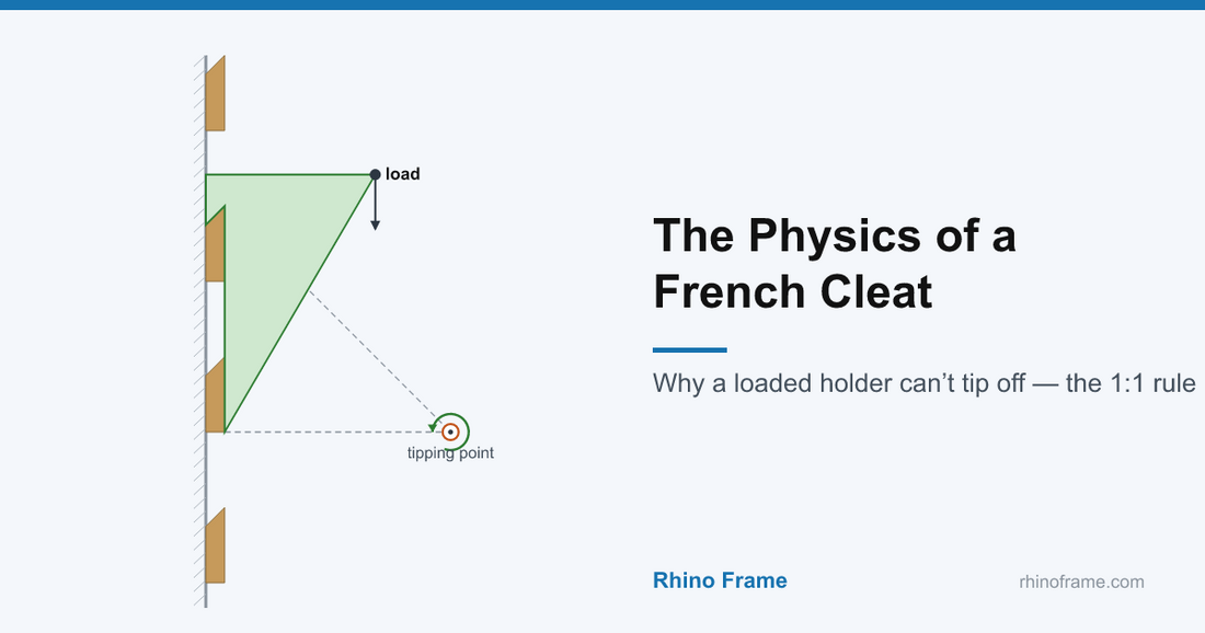 Free-body diagram of a loaded French cleat holder showing the load, tipping point and stable moment