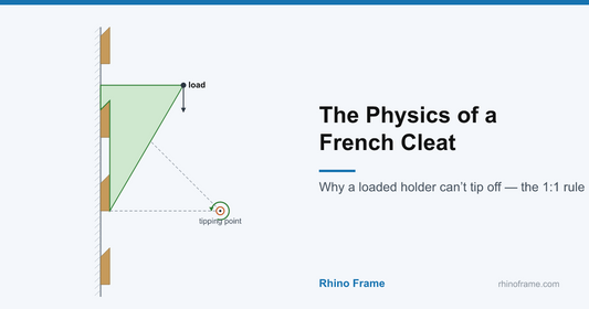 Free-body diagram of a loaded French cleat holder showing the load, tipping point and stable moment