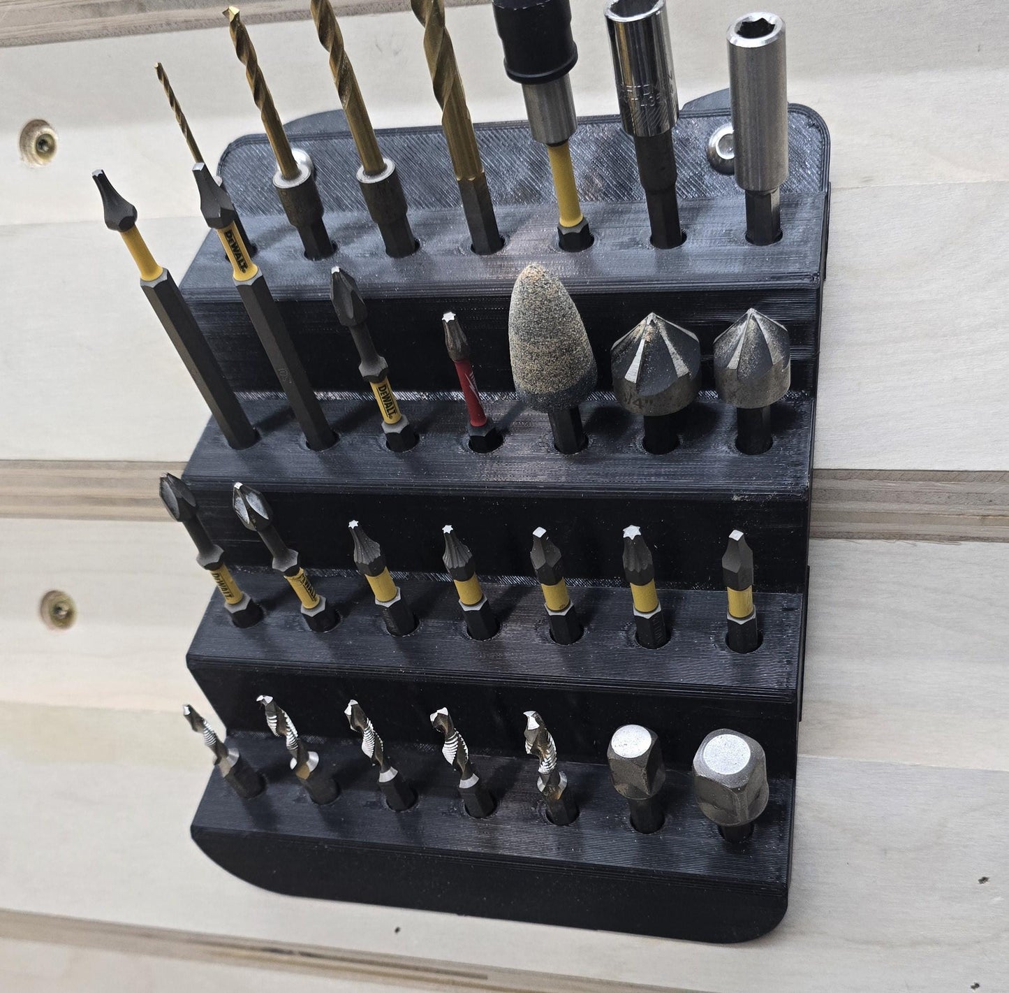 French Cleat Tiered Bit Rack with bits – 1/4" hex and router bit tiered wall holder