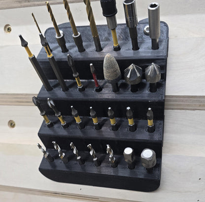 French Cleat Tiered Bit Rack with bits – 1/4" hex and router bit tiered wall holder