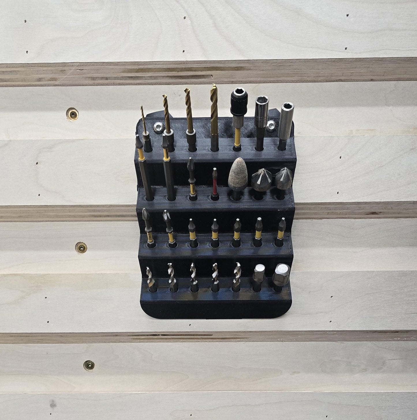 French Cleat Tiered Bit Rack close-up – tiered bit slot detail, 3D-printed PETG