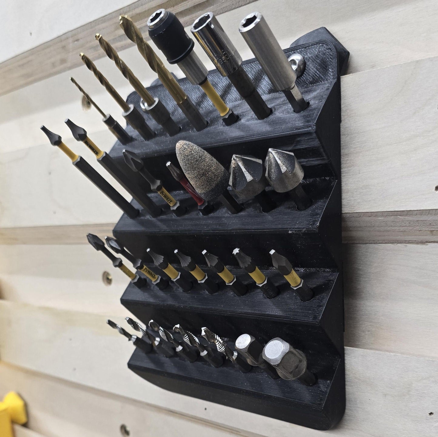 French Cleat Tiered Bit Rack installed – compact tiered bit storage by RhinoFrame