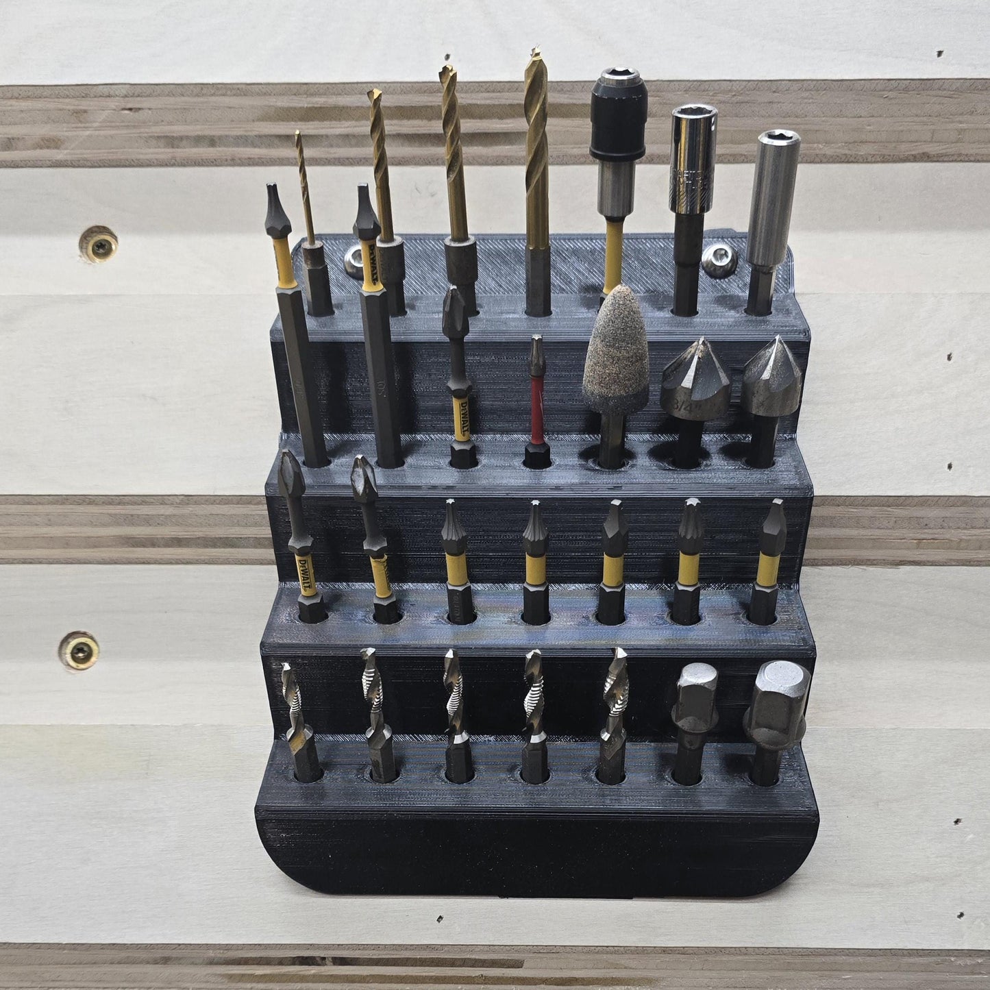 French Cleat Tiered Bit Rack angle view – multi-row hex driver bit french cleat organizer
