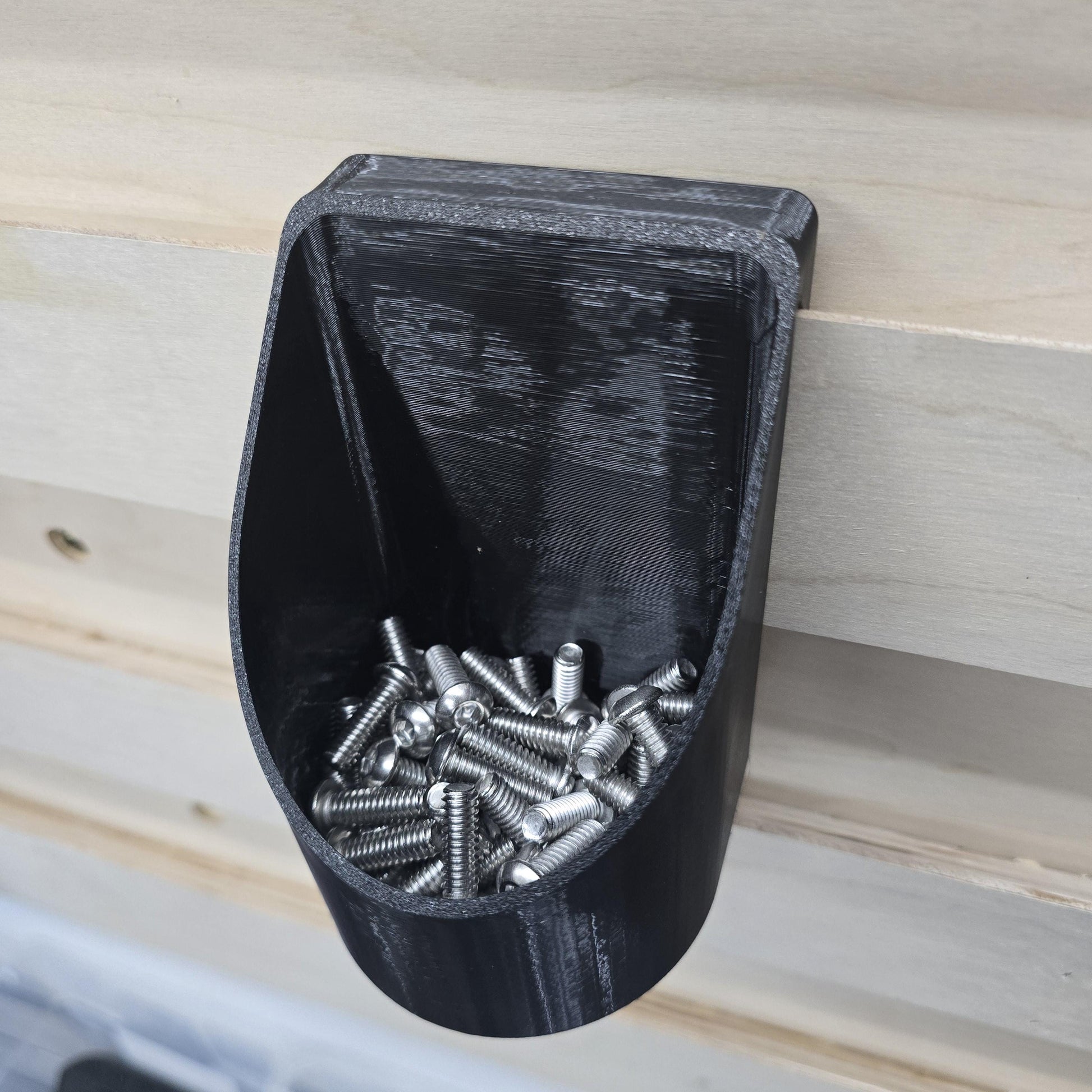 French Cleat Hardware Bin installed – USA-made hardware bin for workshop cleat wall