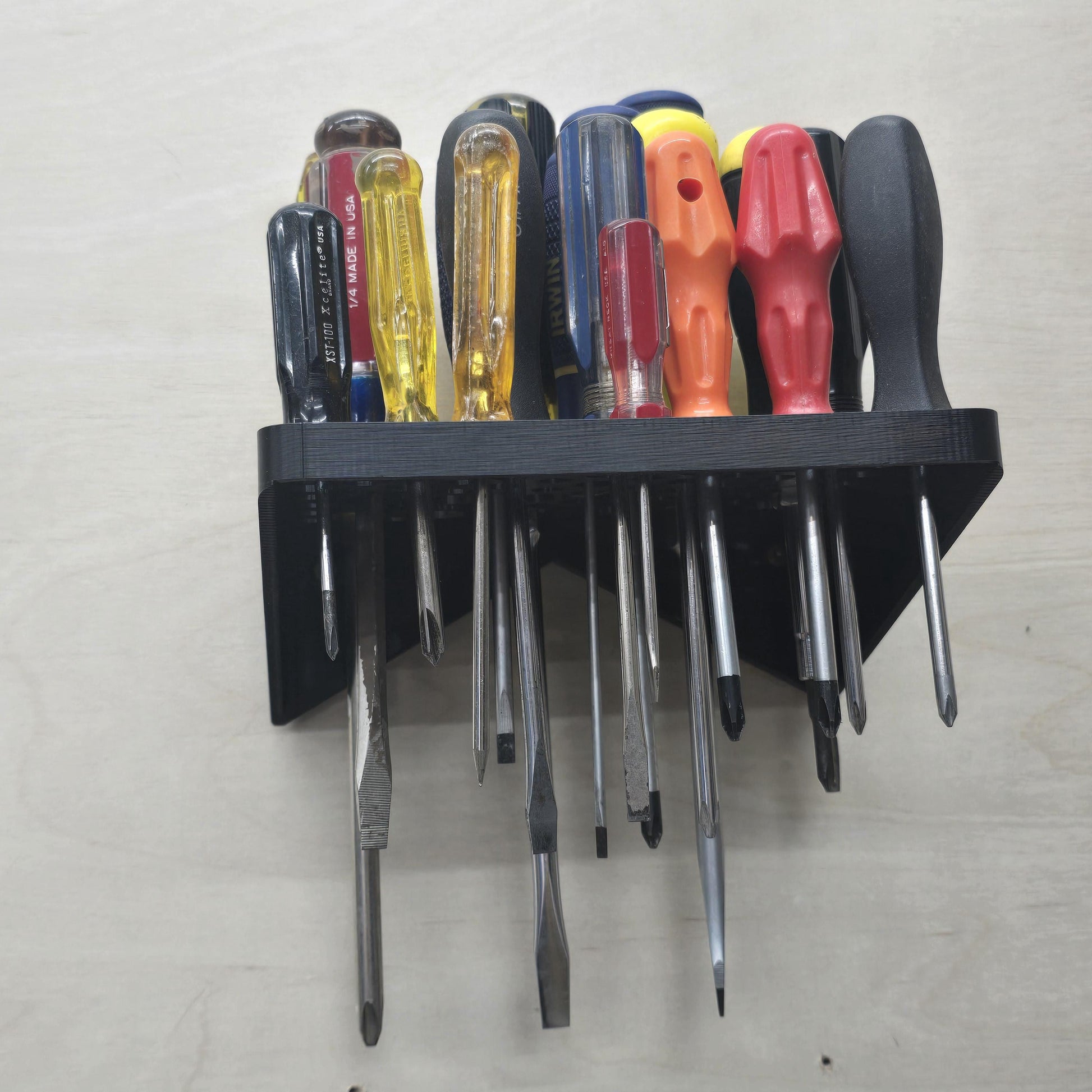 Wall Mount Screwdriver Rack top view – organized screwdriver layout on garage wall
