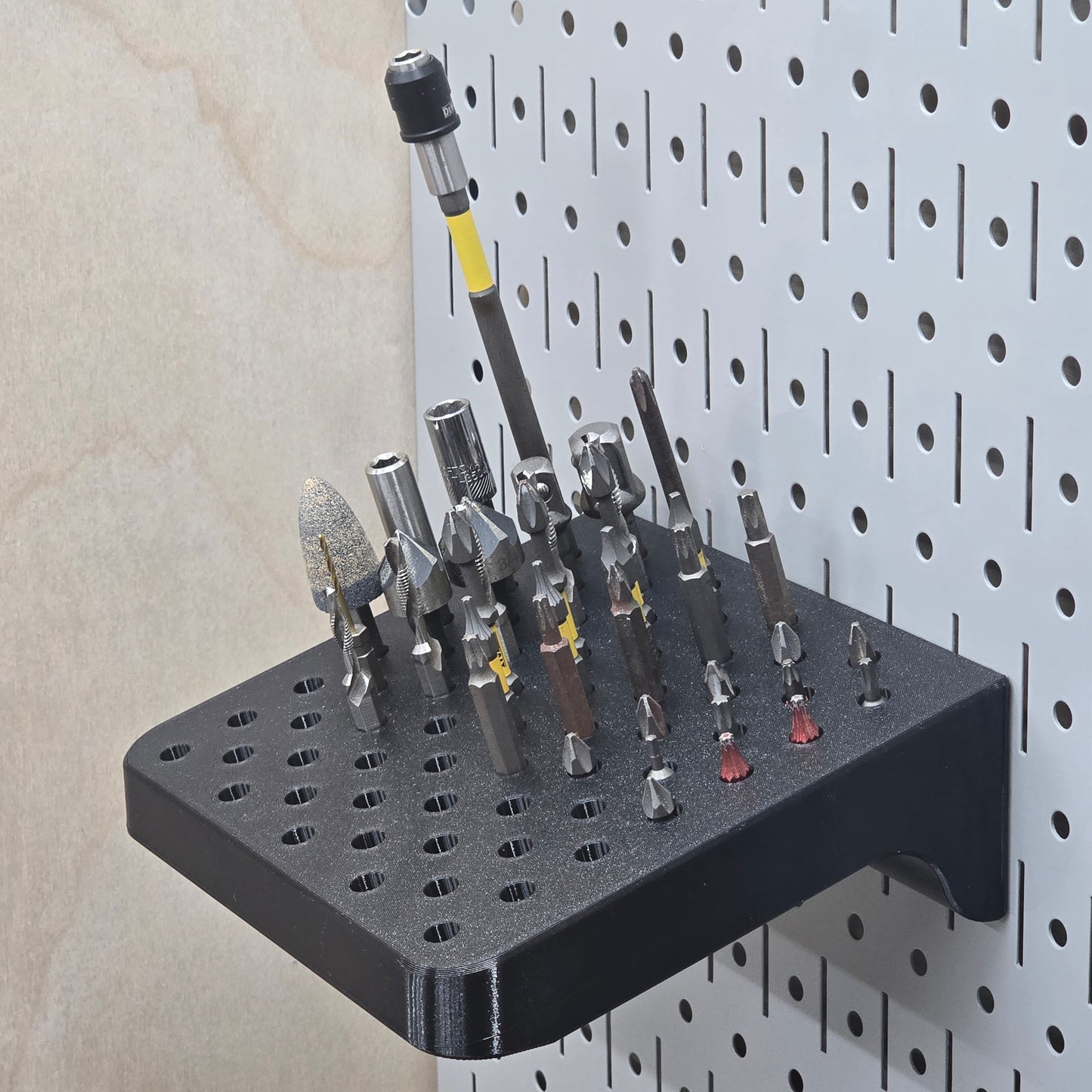 Pegboard Bit Rack angle view – pegboard-compatible driver bit storage rack