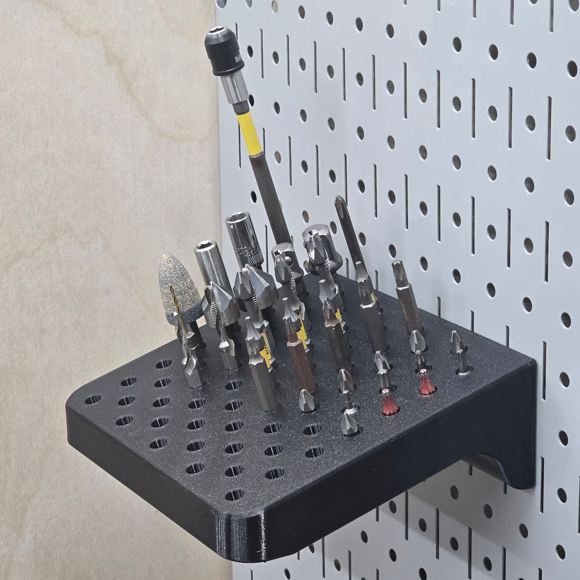 Pegboard Bit Rack angle view – pegboard-compatible driver bit storage rack