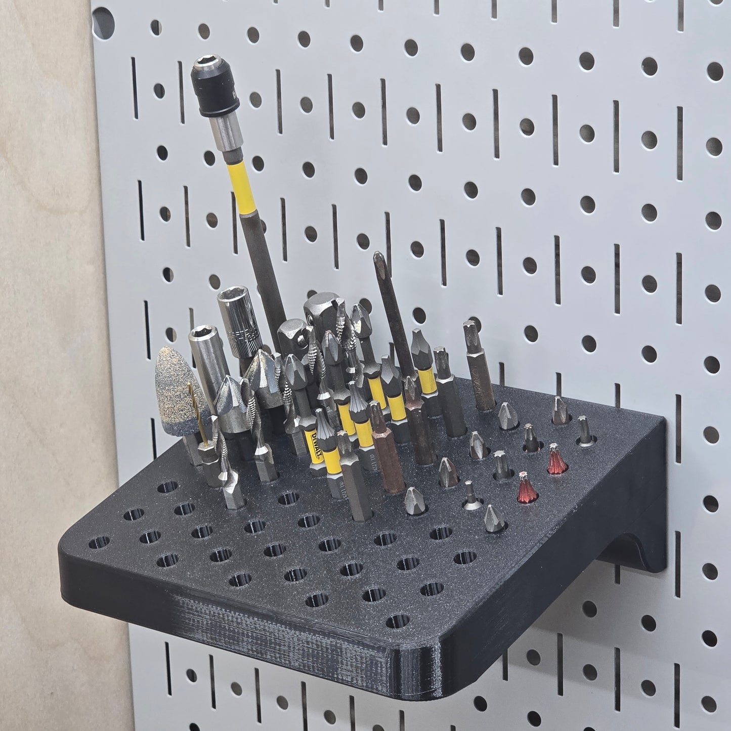 Pegboard Bit Rack close-up – bit slot detail, RhinoFrame USA-made pegboard accessory